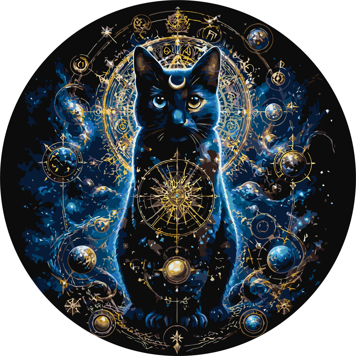 Pictură pe numere rotundă Ø45 cm – Pisica, păzitoarea stelelor cu culori metalice – Animale/Spațiu – OR 2013