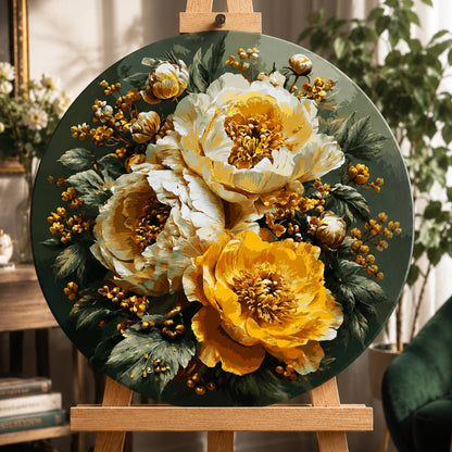 Pictură pe numere rotundă Ø45 cm – Bujori cu culori metalice – Flori – OR 2014
