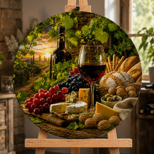 Pictură pe numere rotundă – vin, brânză și pâine într-o natură statică mediteraneeană