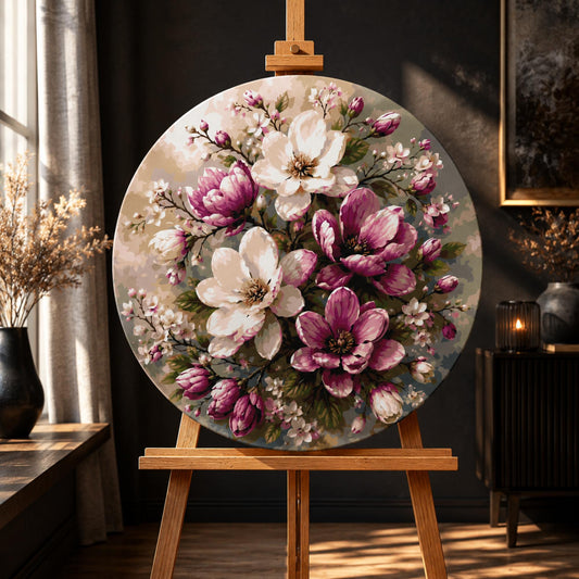 Pictură pe numere – delicatețea magnoliilor, tablou rotund