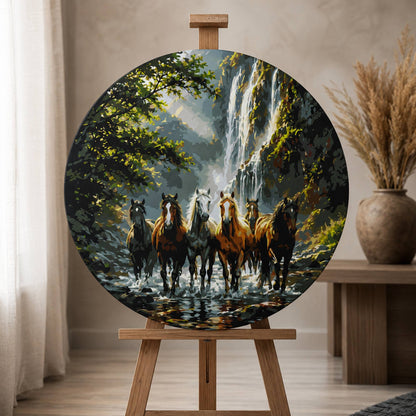 Pictură pe numere rotundă Ø45 cm – Cai sălbatici la cascadă – Peisaj/Animale – OR 2018