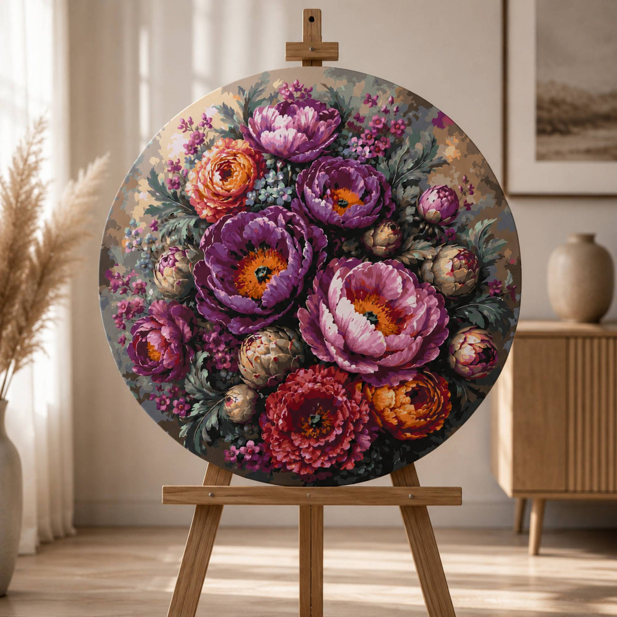 Pictură pe numere – buchet de bujori, tablou rotund