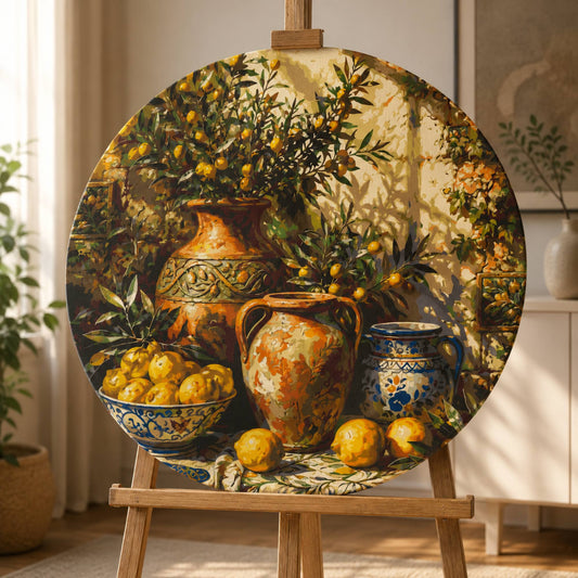 Pictură pe numere – lămâi mediteraneene, tablou rotund