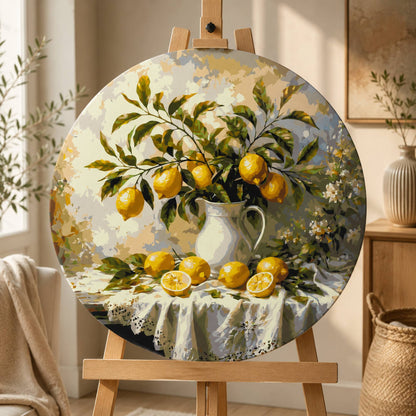 Pictură pe numere rotundă Ø45 cm – Lămâi în ulcior alb – Natură statică – OR 2024