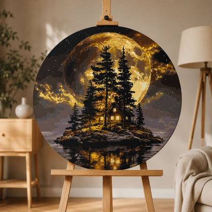 Pictură pe numere rotundă Ø45 cm – Căsuță sub lună cu culori metalice – Peisaj – OR 2026