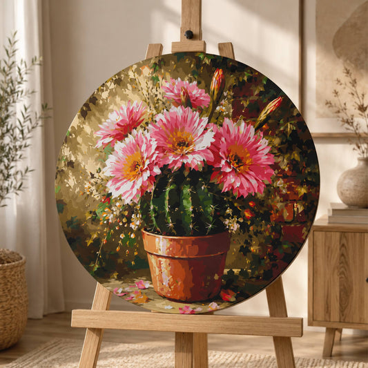 Pictură pe numere – cactus Echinopsis înflorit, tablou rotund