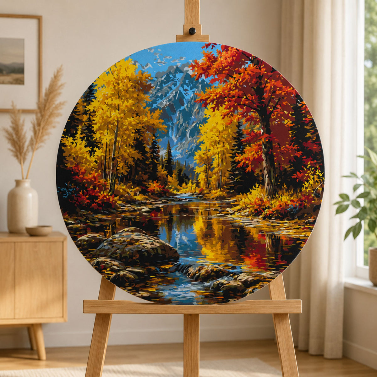 Pictură pe numere rotundă Ø45 cm – Râu de toamnă în munți – Peisaj – OR 2029