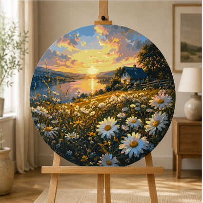 Pictură pe numere rotundă Ø45 cm – Câmp de margarete la apus – Peisaj/Flori – OR 2030