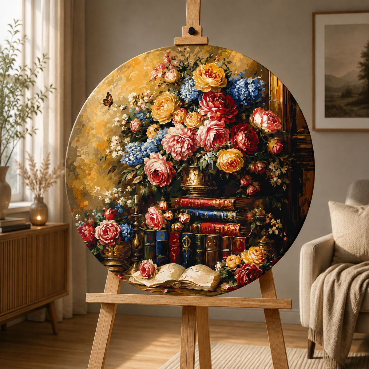 Pictură pe numere rotundă Ø45 cm – Bibliotecă cu trandafiri – Flori/Natură statică – OR 2031