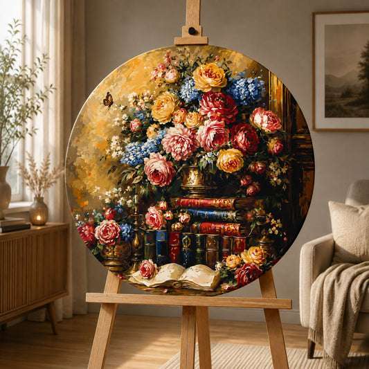 Pictură pe numere – bibliotecă cu trandafiri, tablou rotund