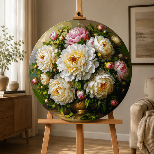 Pictură pe numere – buchet de bujori în vază, tablou rotund