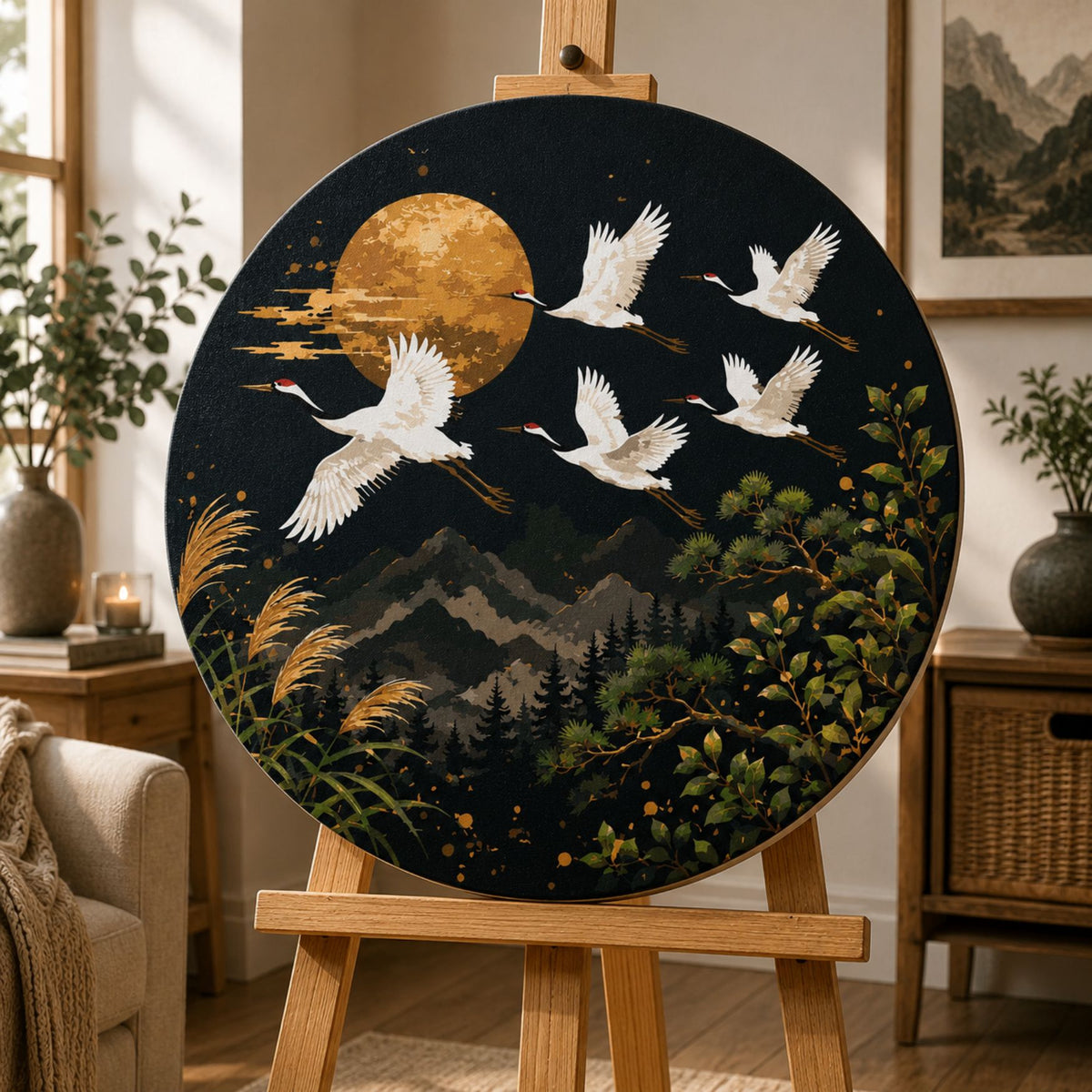 Pictură pe numere rotundă Ø45 cm – Cocori sub lună cu culori metalice – Peisaj/Animale – OR 2033