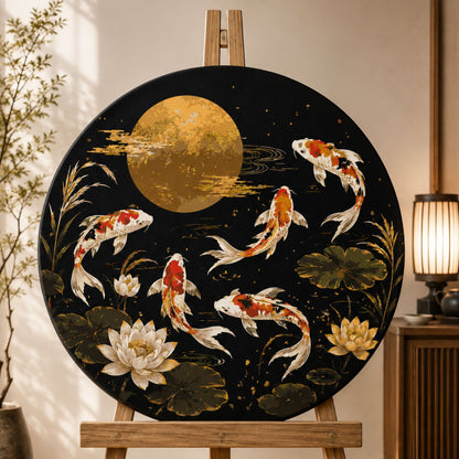 Pictură pe numere rotundă Ø45 cm – Crapi koi cu culori metalice – Peisaj/Animale – OR 2034