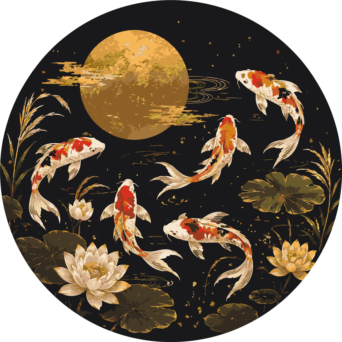 Pictură pe numere rotundă Ø45 cm – Crapi koi cu culori metalice – Peisaj/Animale – OR 2034