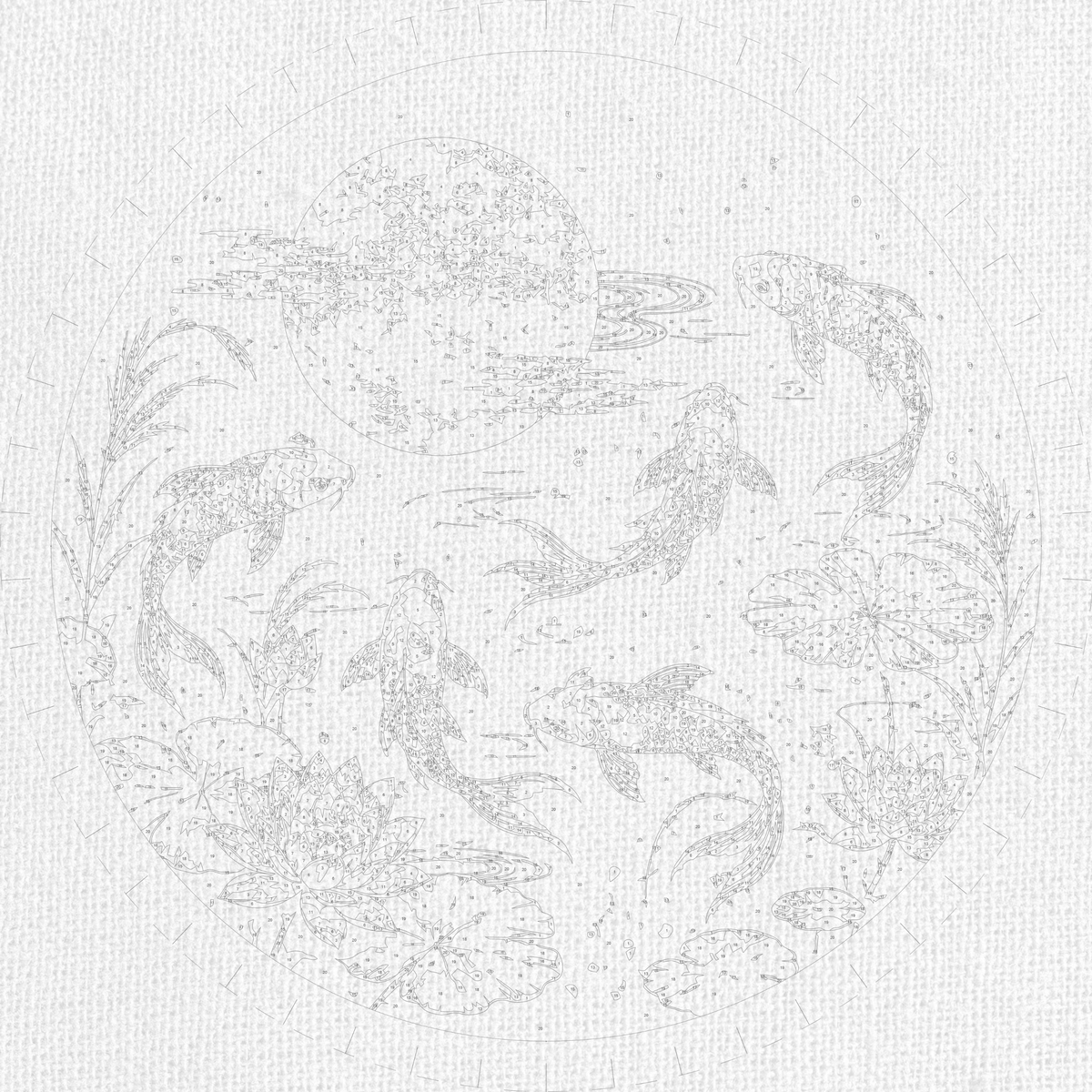 Pictură pe numere rotundă Ø45 cm – Crapi koi cu culori metalice – Peisaj/Animale – OR 2034