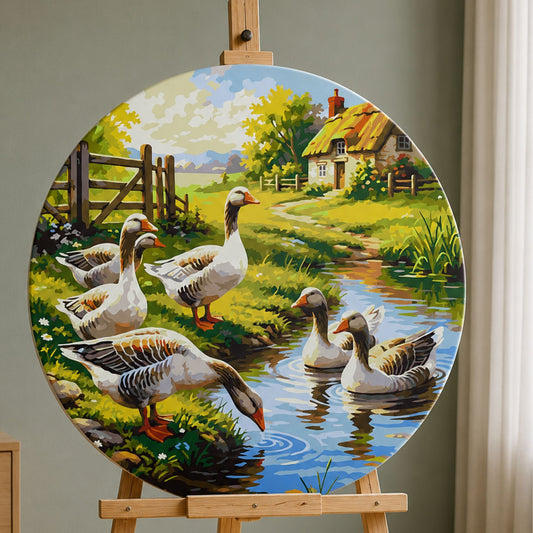 Pictură pe numere rotundă – gâște lângă apă
