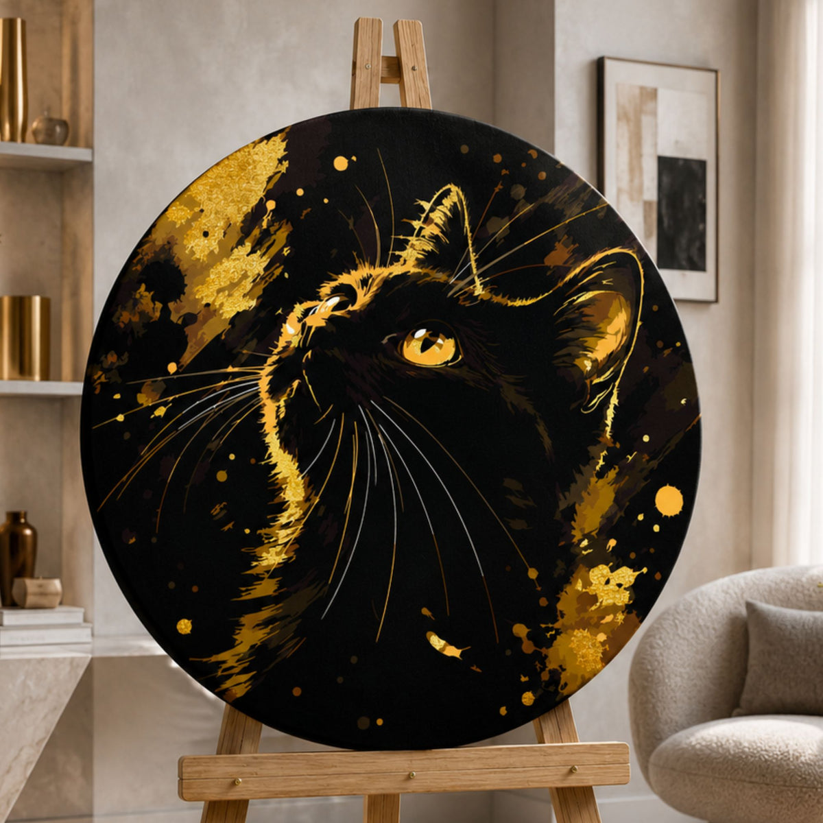 Pictură pe numere rotundă Ø45 cm – Motan negru cu culori metalice – Animale – OR 2037