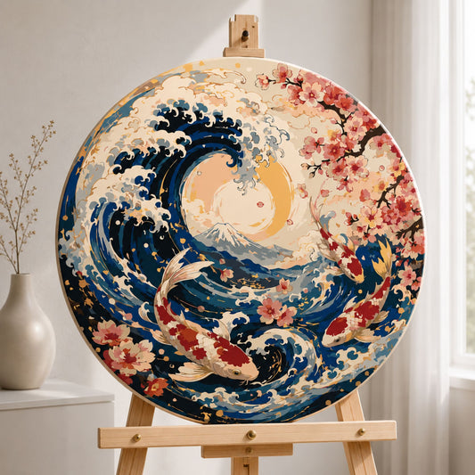 Pictură pe numere rotundă – crapi koi și Marele val de la Kanagawa