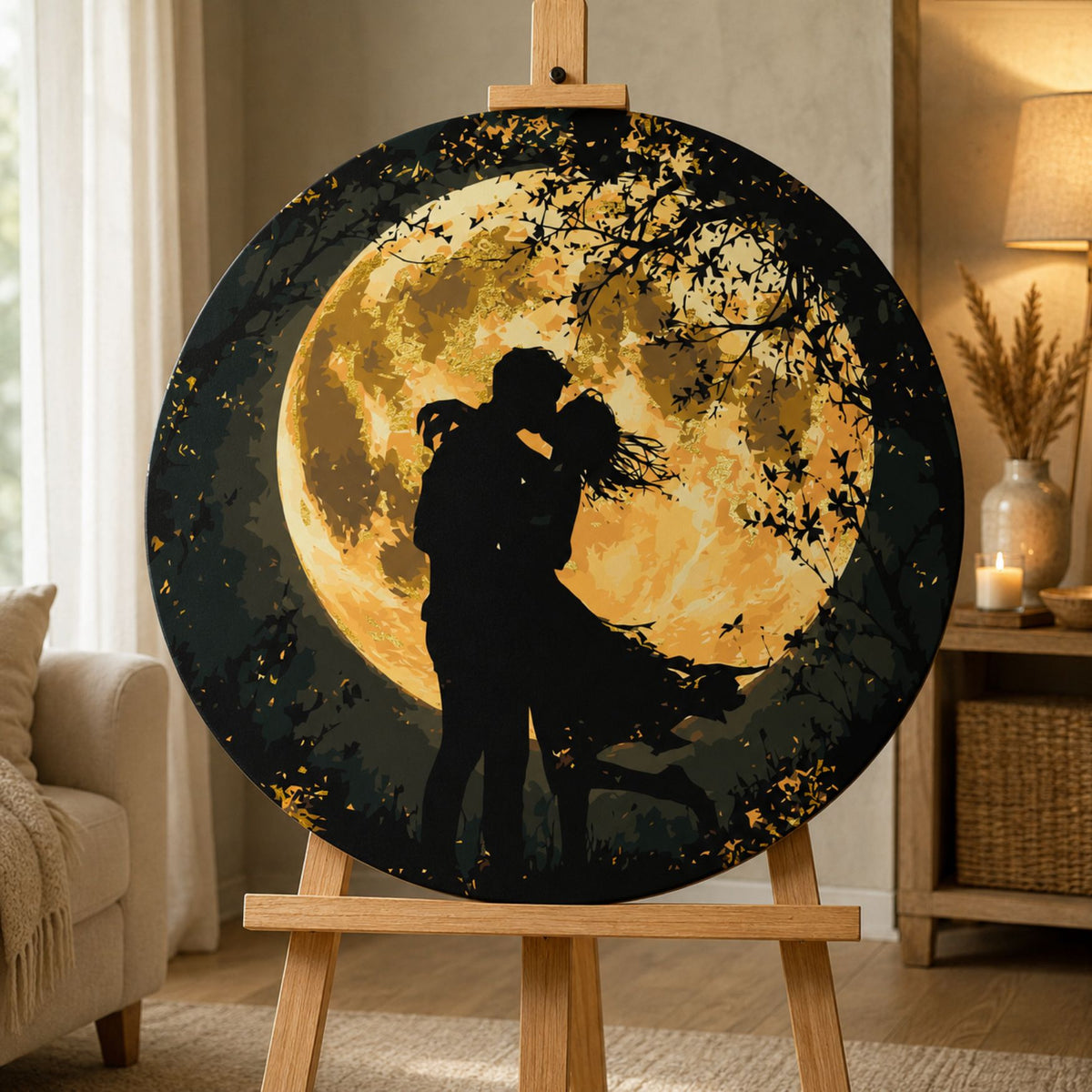 Pictură pe numere – cuplu sub lună, tablou rotund