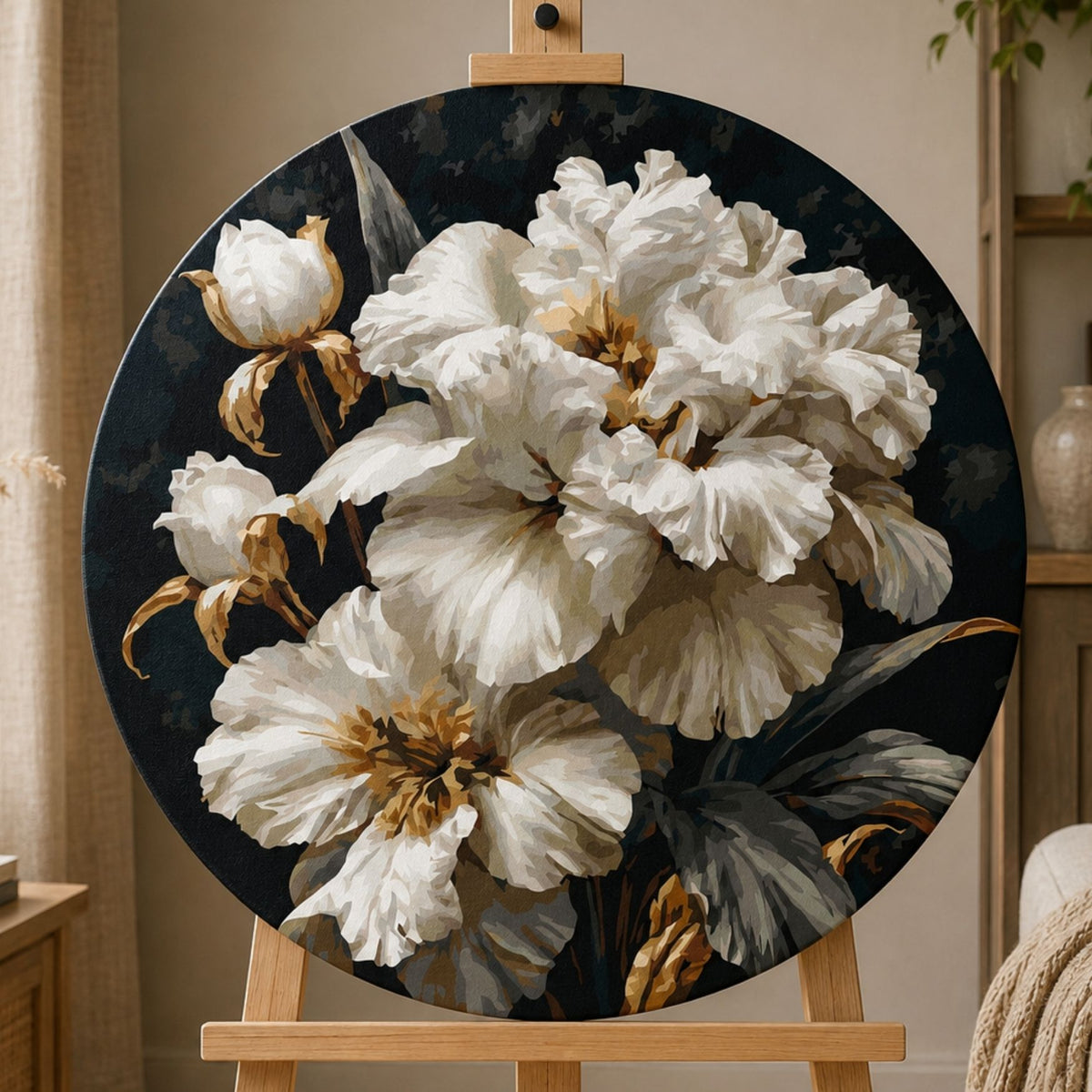 Pictură pe numere rotundă Ø45 cm – Irisi nobili cu culori metalice – Flori – OR 2041