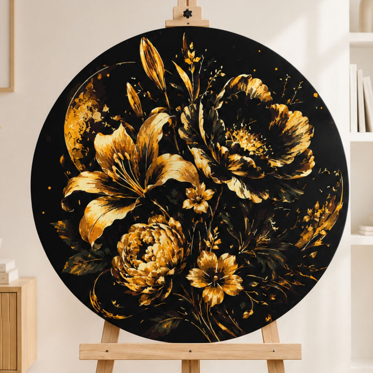 Pictură pe numere rotundă Ø45 cm – Crini și bujori cu culori metalice – Flori – OR 2043