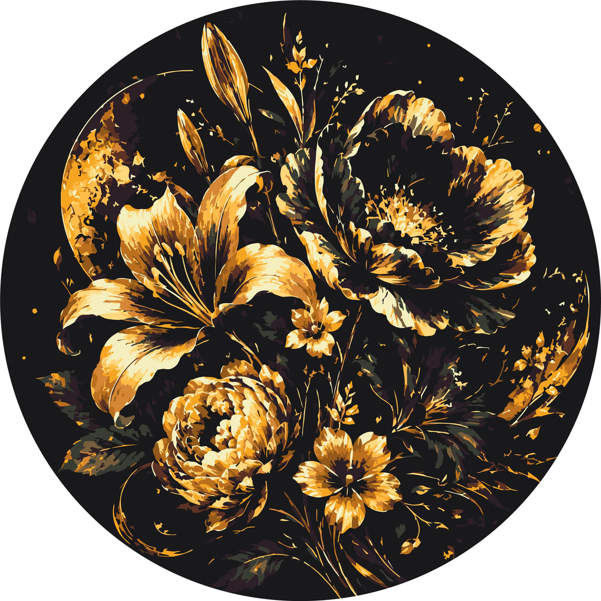 Pictură pe numere rotundă Ø45 cm – Crini și bujori cu culori metalice – Flori – OR 2043