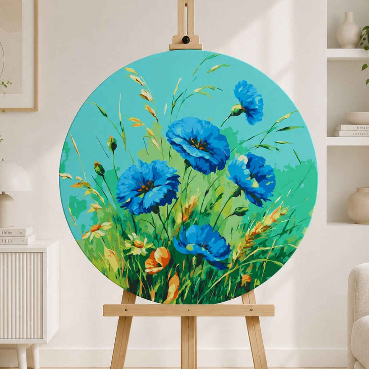 Pictură pe numere rotundă Ø40 cm – Maci albaștri – Flori – OR 2046