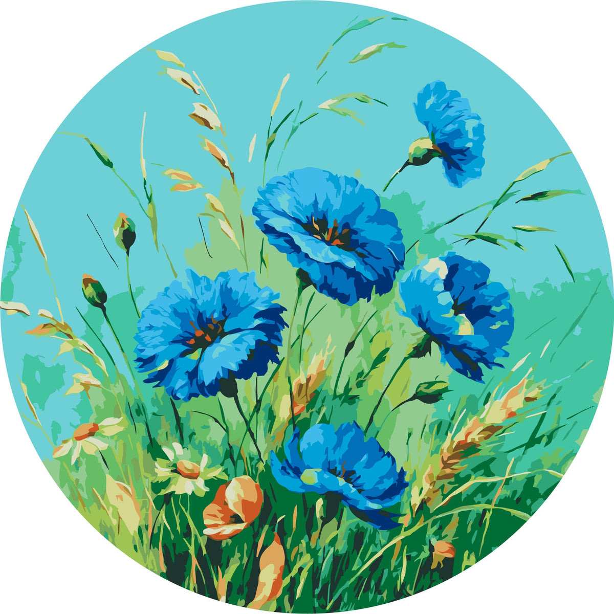 Pictură pe numere rotundă Ø40 cm – Maci albaștri – Flori – OR 2046