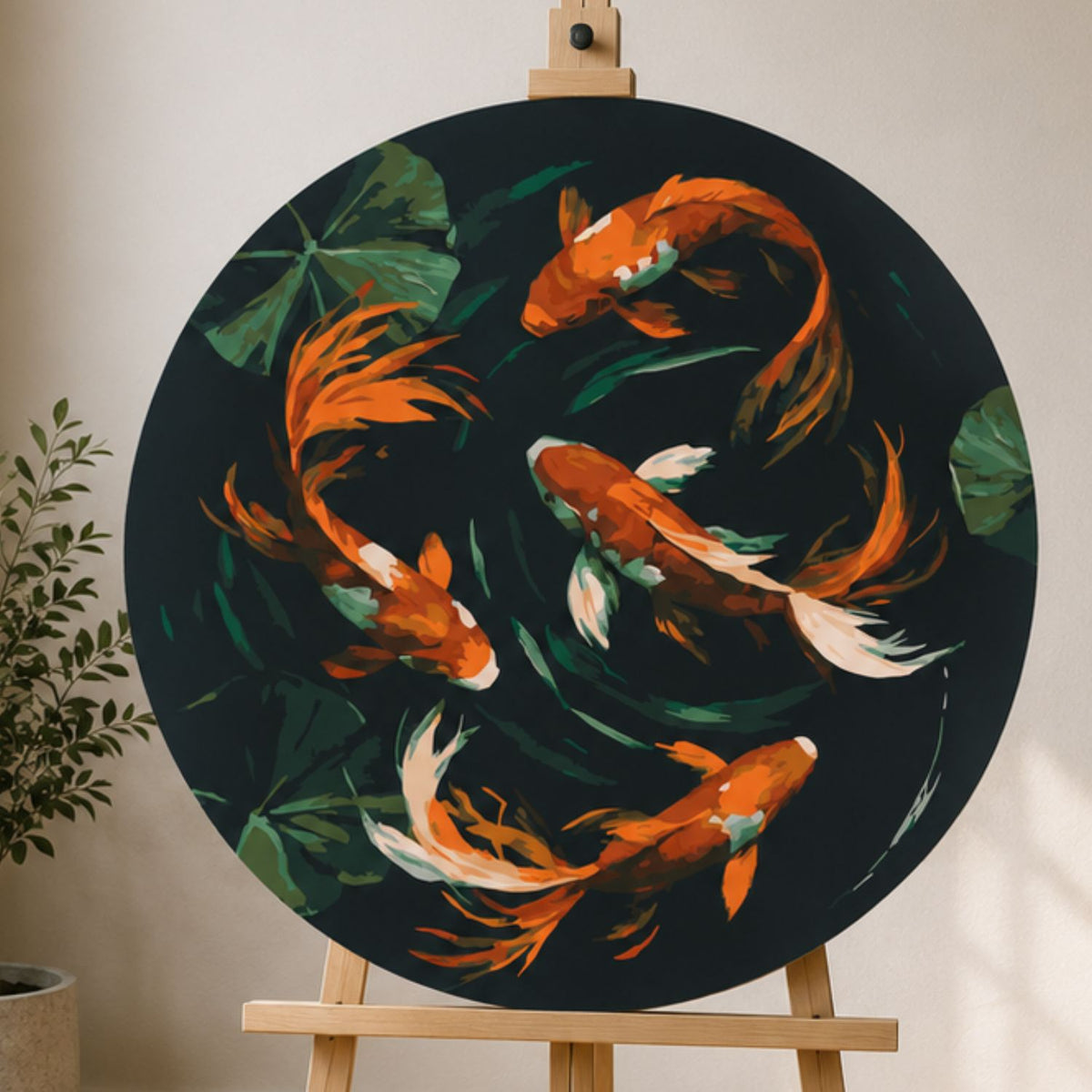 Pictură pe numere rotundă Ø40 cm – Crapi koi japonezi – Peisaj/Animale – OR 2049