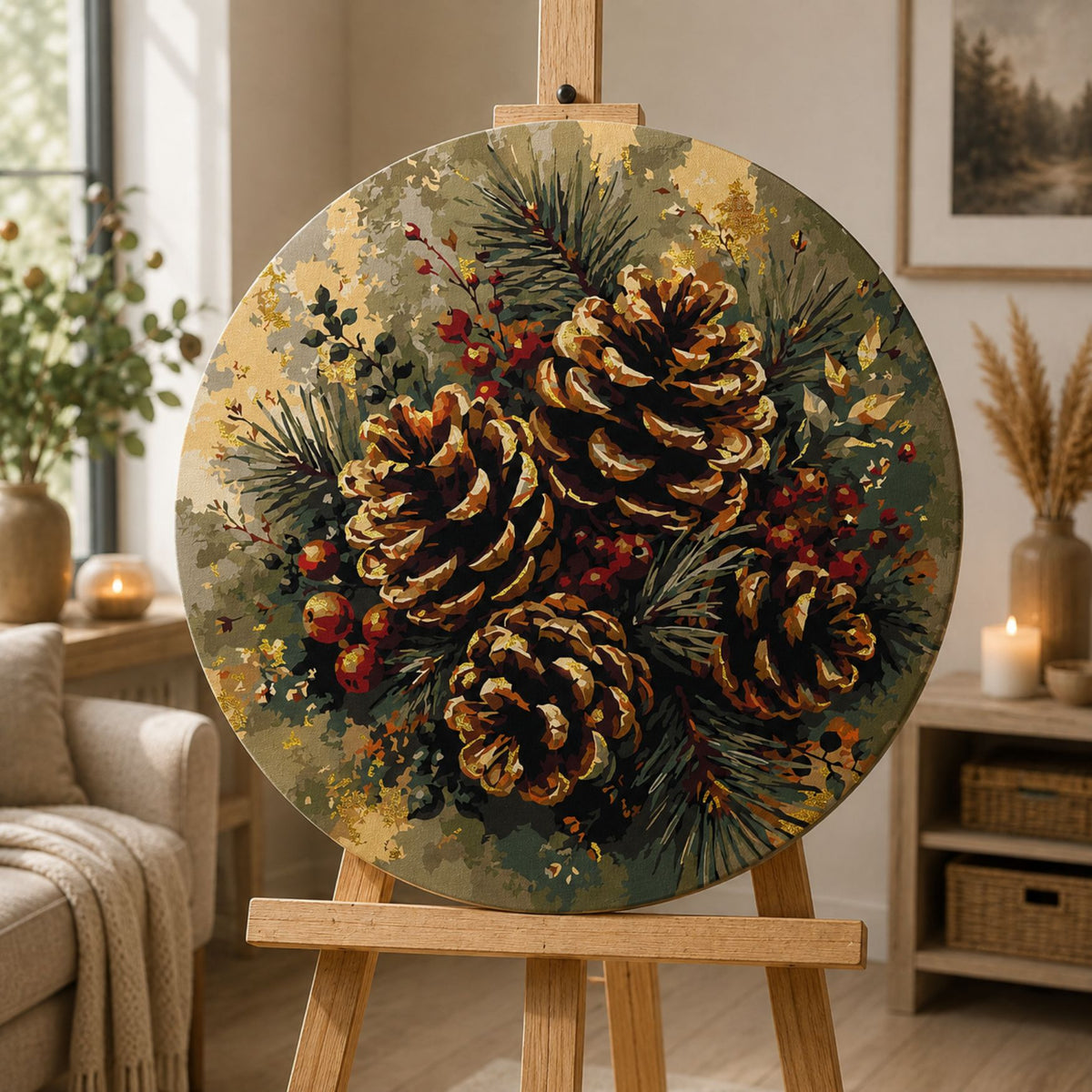 Pictură pe numere rotundă – conuri și cetină de iarnă