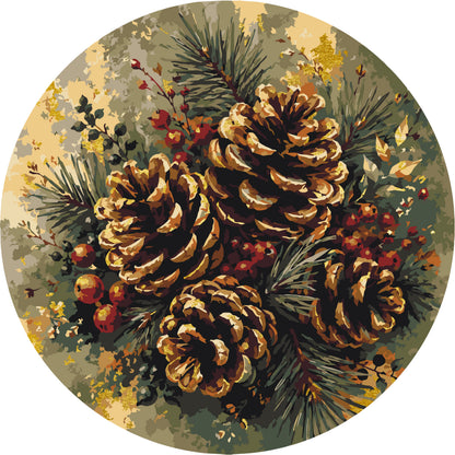 Pictură pe numere rotundă Ø35 cm – Conuri de brad și cetină de iarnă cu culori metalice – Natură statică/Iarnă/Crăciun – OR 2058