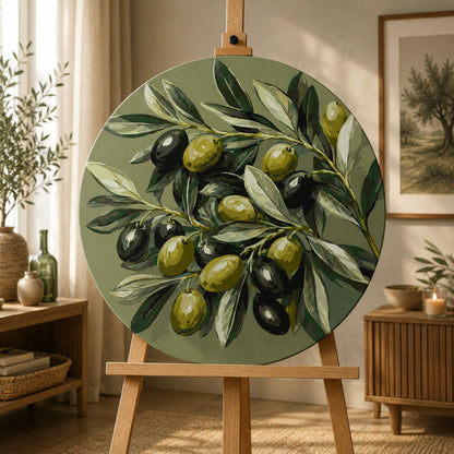 Pictură pe numere rotundă Ø30 cm – Măsline pe ramură – Natură statică – OR 2059
