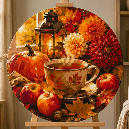 Pictură pe numere rotundă Ø40 cm – Ceai de toamnă printre dalii – Flori/Natură statică – OR 2063