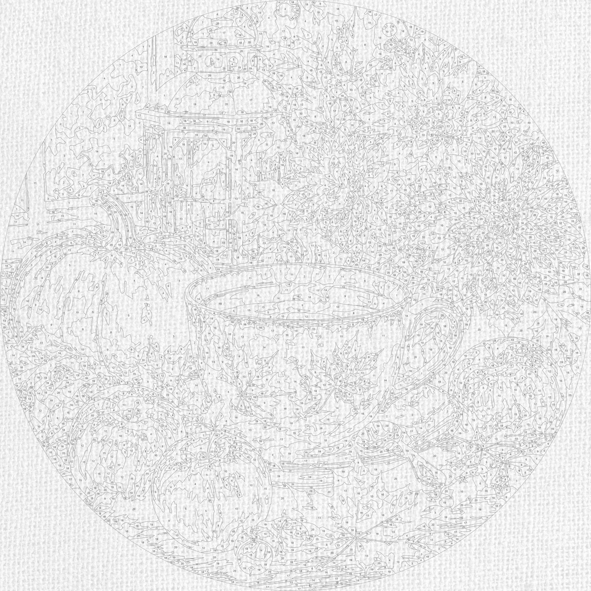 Pictură pe numere rotundă Ø40 cm – Ceai de toamnă printre dalii – Flori/Natură statică – OR 2063