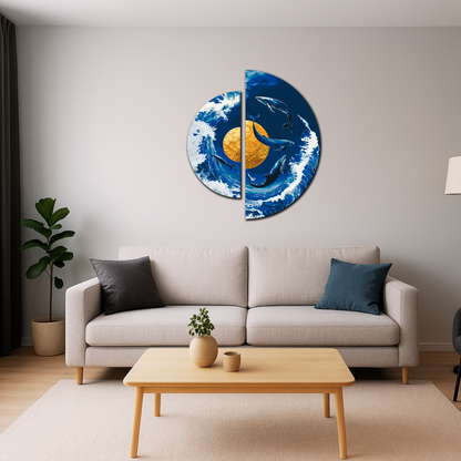 Pictură pe numere pe șasiu 70×70 cm – Dansul balenelor lângă planeta aurie cu culori metalice (semicercuri) – Animale/Spațiu – OSR 1002