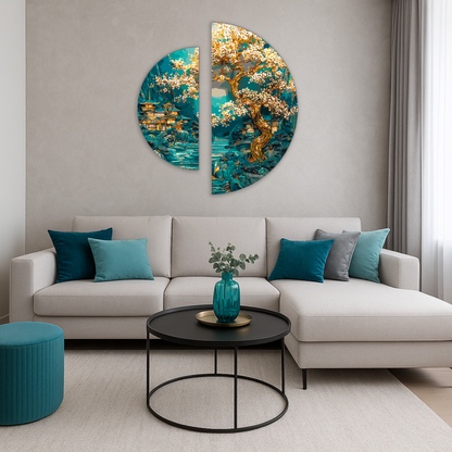 Pictură pe numere pe șasiu ⌀50 cm + ⌀70 cm – Zori japonezi cu culori metalice – Peisaj – OSR 1009