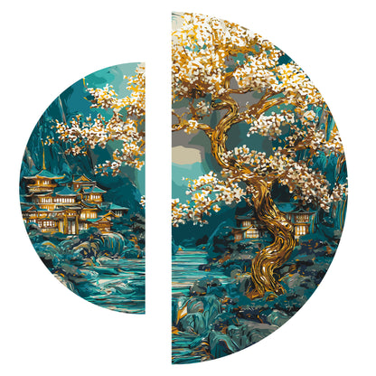 Pictură pe numere pe șasiu ⌀50 cm + ⌀70 cm – Zori japonezi cu culori metalice – Peisaj – OSR 1009