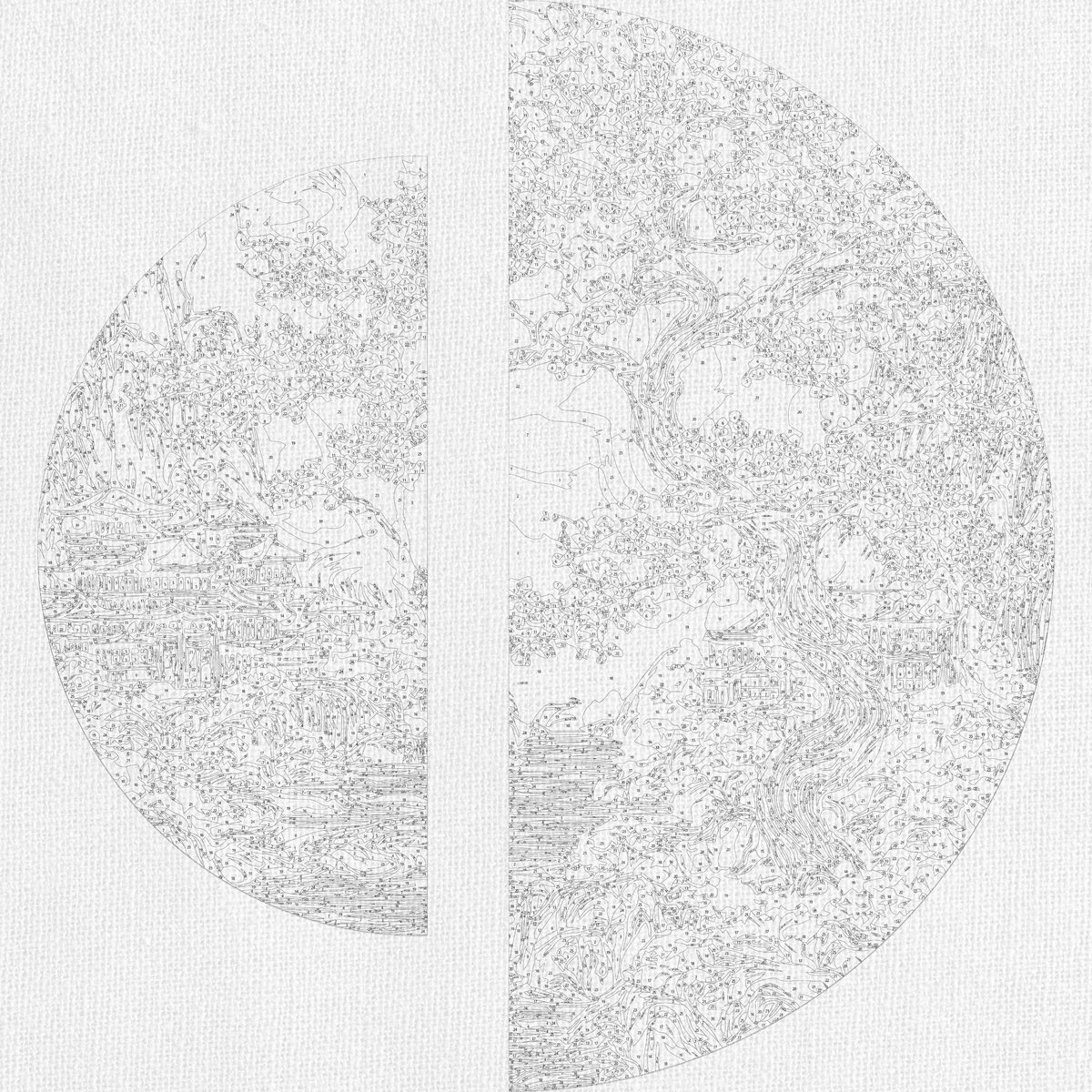 Pictură pe numere pe șasiu ⌀50 cm + ⌀70 cm – Zori japonezi cu culori metalice – Peisaj – OSR 1009