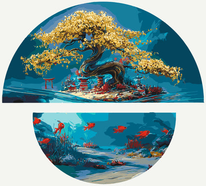 Pictură pe numere pe șasiu 70×70 cm – Magia naturii: uscat și mare cu culori metalice (semicercuri) – Peisaj/Animale – OSR 1010