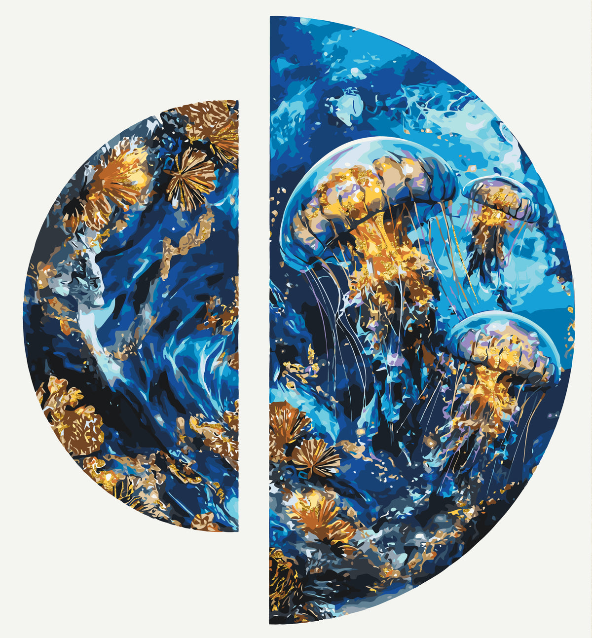 Pictură pe numere pe șasiu ⌀50 cm + ⌀70 cm – Adâncurile oceanului cu culori metalice – Animale – OSR 1014