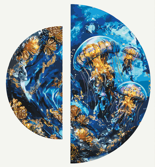 Pictură pe numere – meduze în adâncurile oceanului, tablou semicircular din două piese