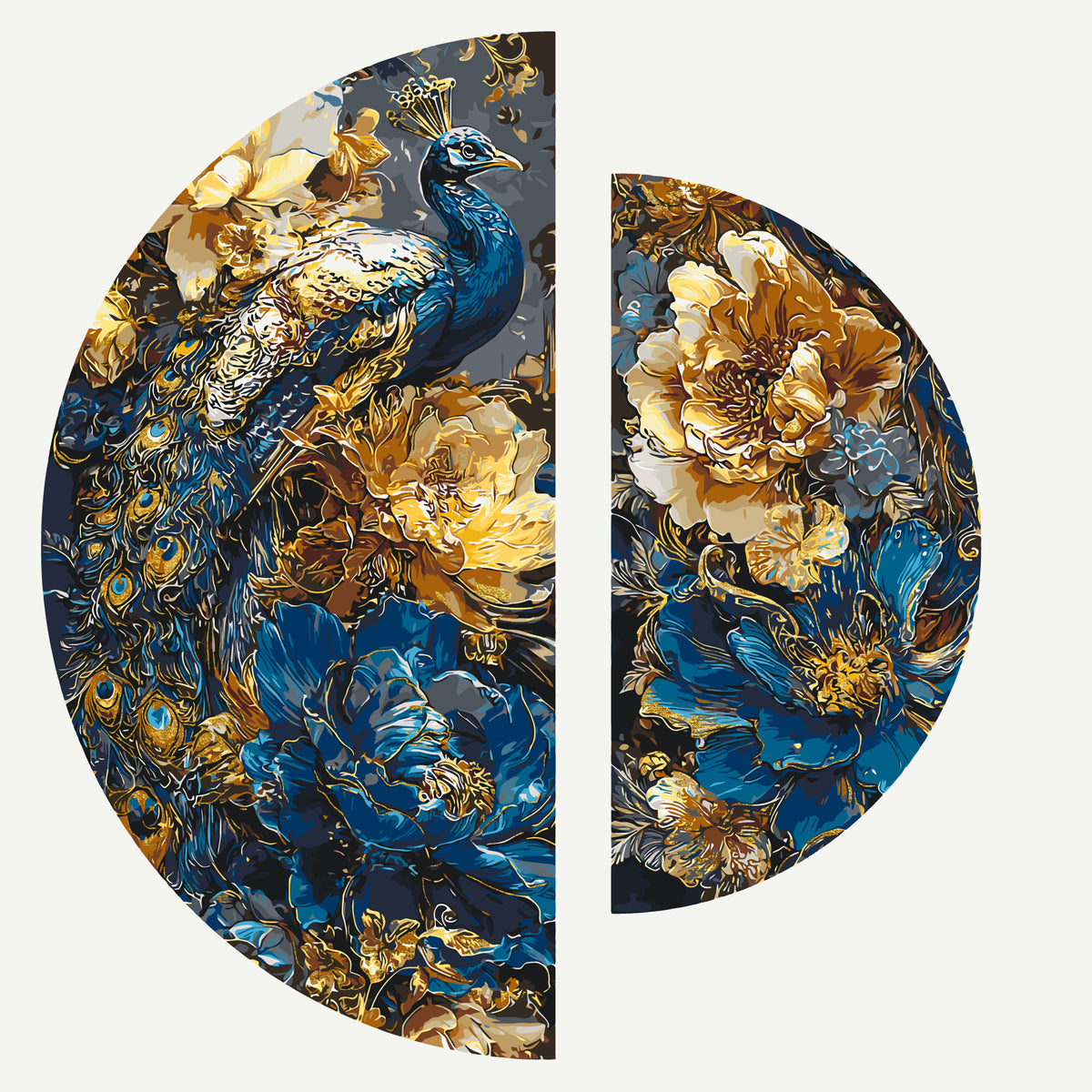 Pictură pe numere pe șasiu ⌀50 cm + ⌀70 cm – Păun printre flori cu culori metalice – Animale/Flori – OSR 1015