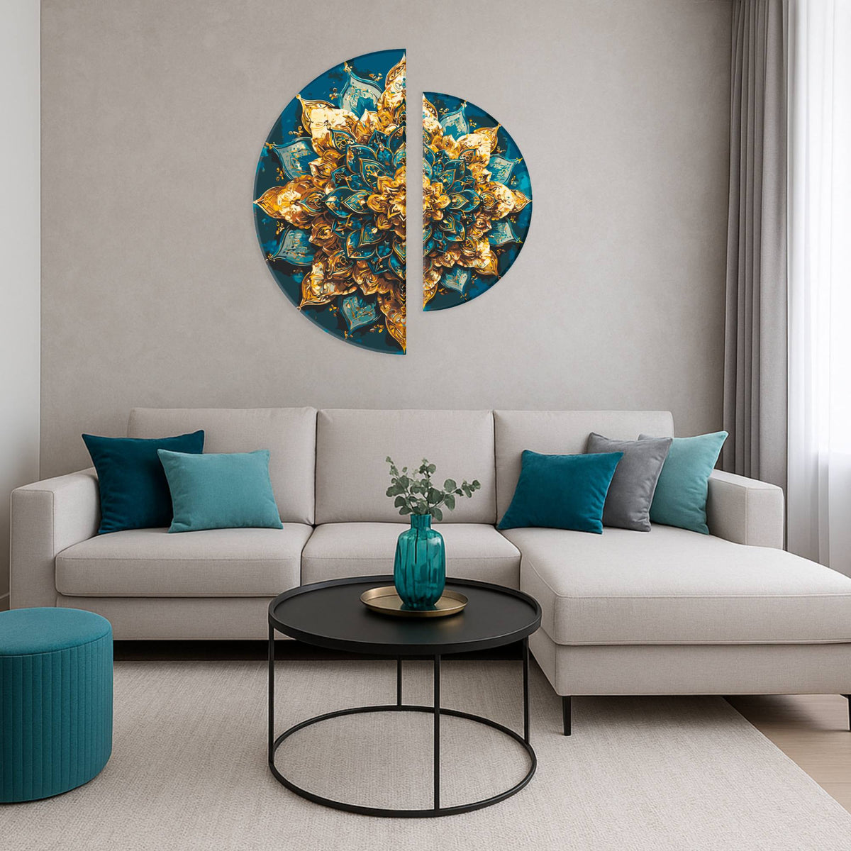 Pictură pe numere – mandala aurie, tablou semicircular din două piese
