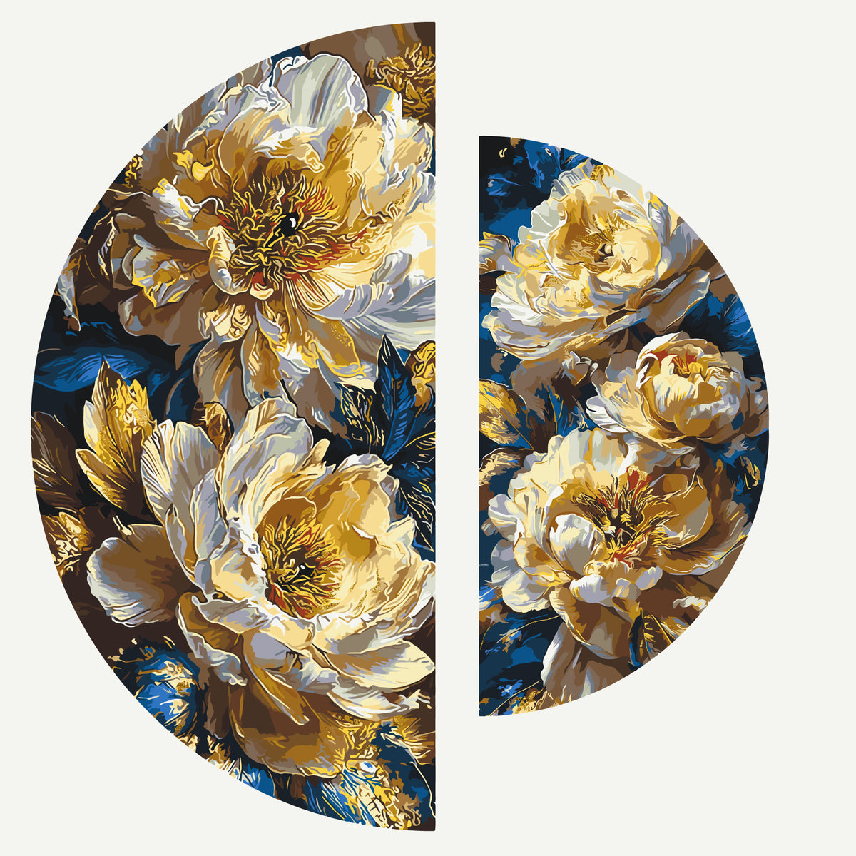 Pictură pe numere pe șasiu ⌀50 cm + ⌀70 cm – Bujori regali cu culori metalice – Flori – OSR 1017