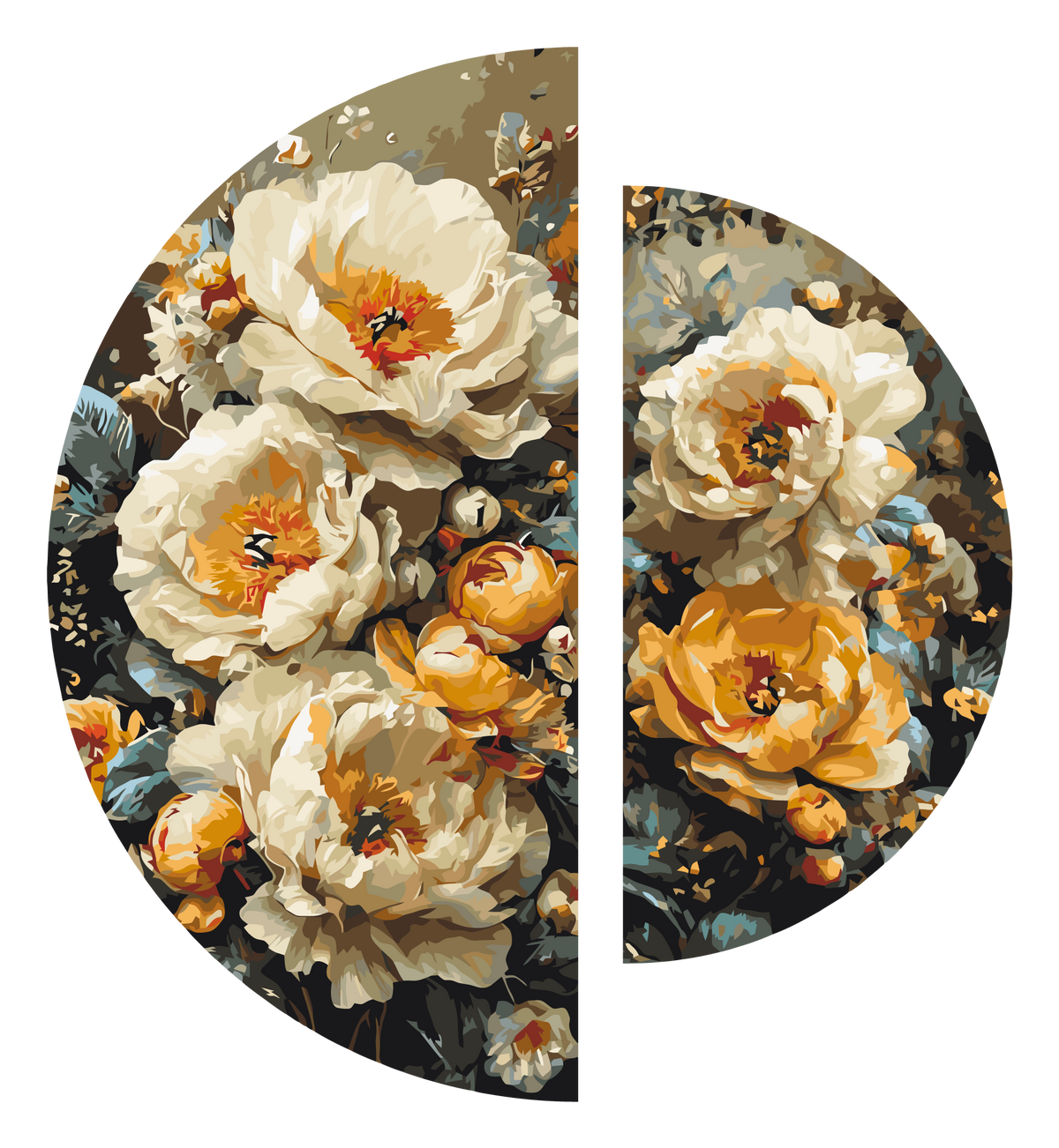 Pictură pe numere pe șasiu ⌀50 cm + ⌀70 cm – Armonia petalelor – Flori – OSR 1020