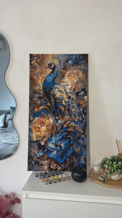 Pictură pe numere pe șasiu 40×80 cm – Păun printre flori cu culori metalice – Flori/Animale – LW 5183