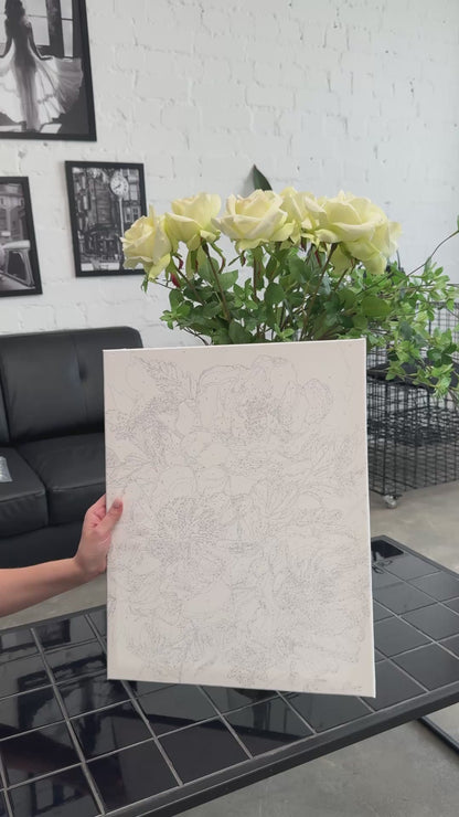 Pictură pe numere pe șasiu 40×50 cm – Bujori albi cu culori metalice – Flori – LW 30410