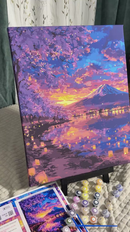 Pictură pe numere pe șasiu 40×50 cm – Fuji la amurg cu culori metalice – Peisaj – LW 3555