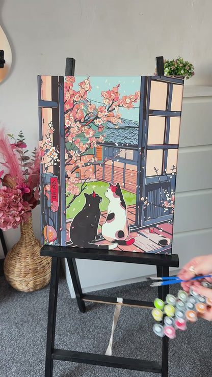 Pictură pe numere pe șasiu 40×50 cm – Pisici lângă sakura – Animale – LW 3404