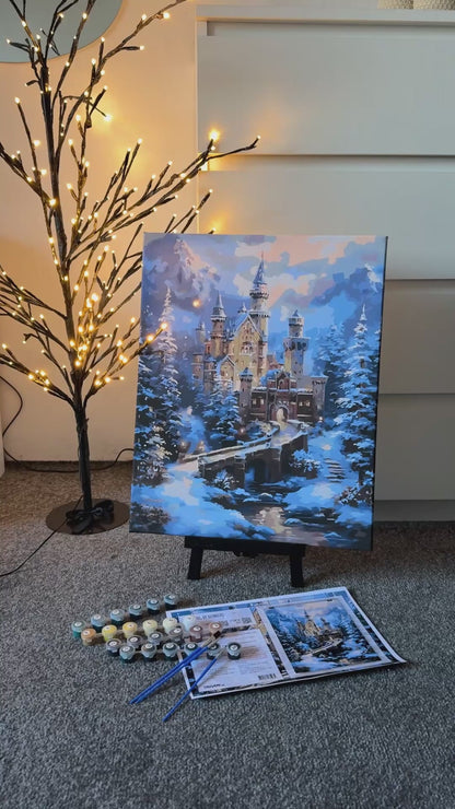 Pictură pe numere pe șasiu 40×50 cm – Castel în munți – Iarnă/Crăciun/Peisaj – LW 3553